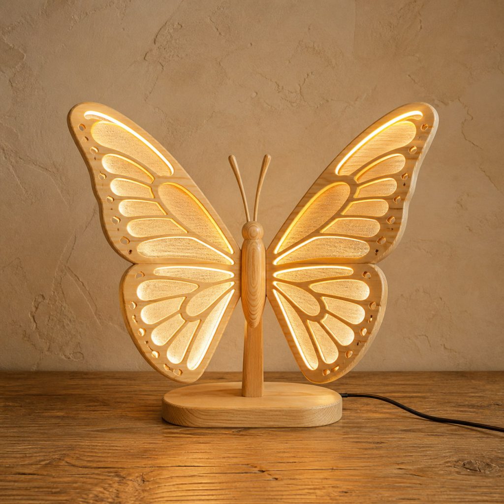 Light-Yellow Open-Wing Butterfly Lamp shown as an original square photorealistic light-yellow wood butterfly lamp made from natural light-yellow wood with fine grain and warm diffused light