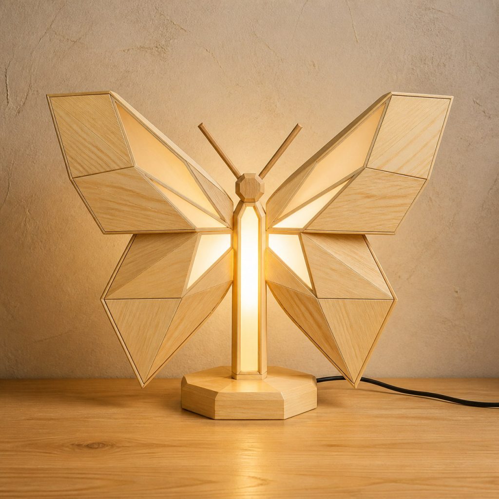 Faceted Light-Yellow Butterfly Lamp shown as an original square photorealistic light-yellow wood butterfly lamp made from natural light-yellow wood with fine grain and warm diffused light