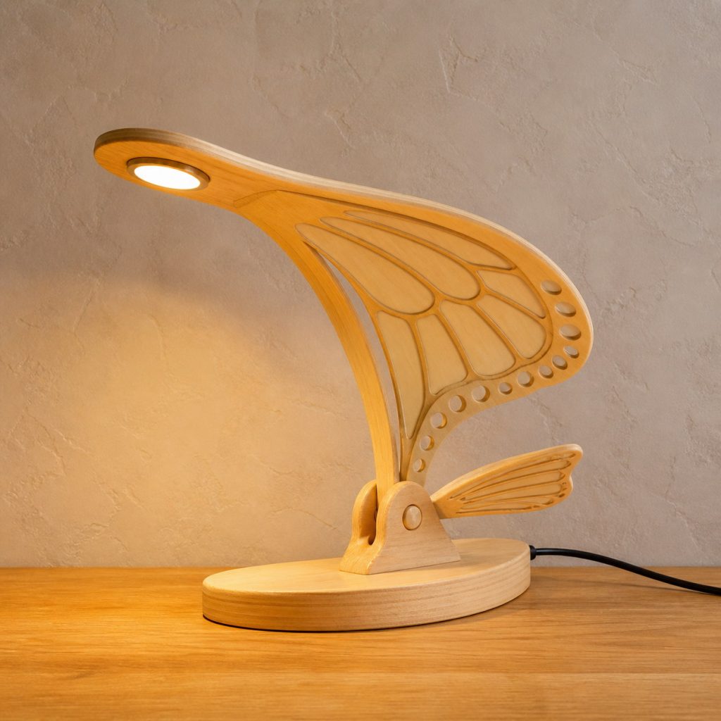 Butterfly-Wing Desk Lamp shown as an original square photorealistic light-yellow wood butterfly lamp made from natural light-yellow wood with fine grain and warm diffused light