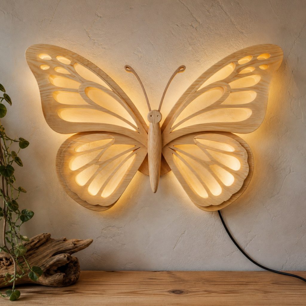 Butterfly Wall Sconce shown as an original square photorealistic light-yellow wood butterfly lamp made from natural light-yellow wood with fine grain and warm diffused light