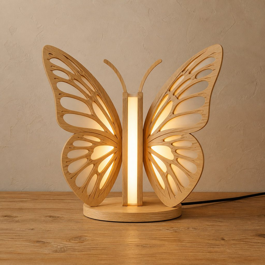 Folded-Wing Butterfly Lamp shown as an original square photorealistic light-yellow wood butterfly lamp made from natural light-yellow wood with fine grain and warm diffused light