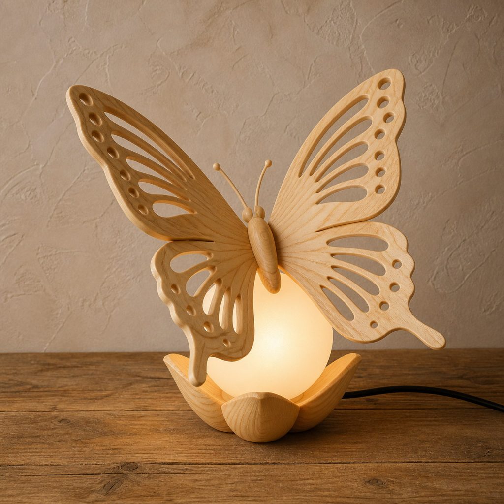 Butterfly Orb Lamp shown as an original square photorealistic light-yellow wood butterfly lamp made from natural light-yellow wood with fine grain and warm diffused light