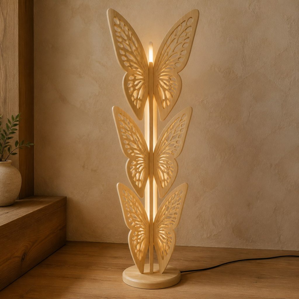 Stacked Butterfly Floor Lamp shown as an original square photorealistic light-yellow wood butterfly lamp made from natural light-yellow wood with fine grain and warm diffused light