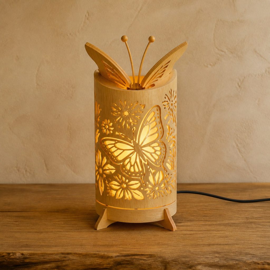 Garden Butterfly Lantern shown as an original square photorealistic light-yellow wood butterfly lamp made from natural light-yellow wood with fine grain and warm diffused light
