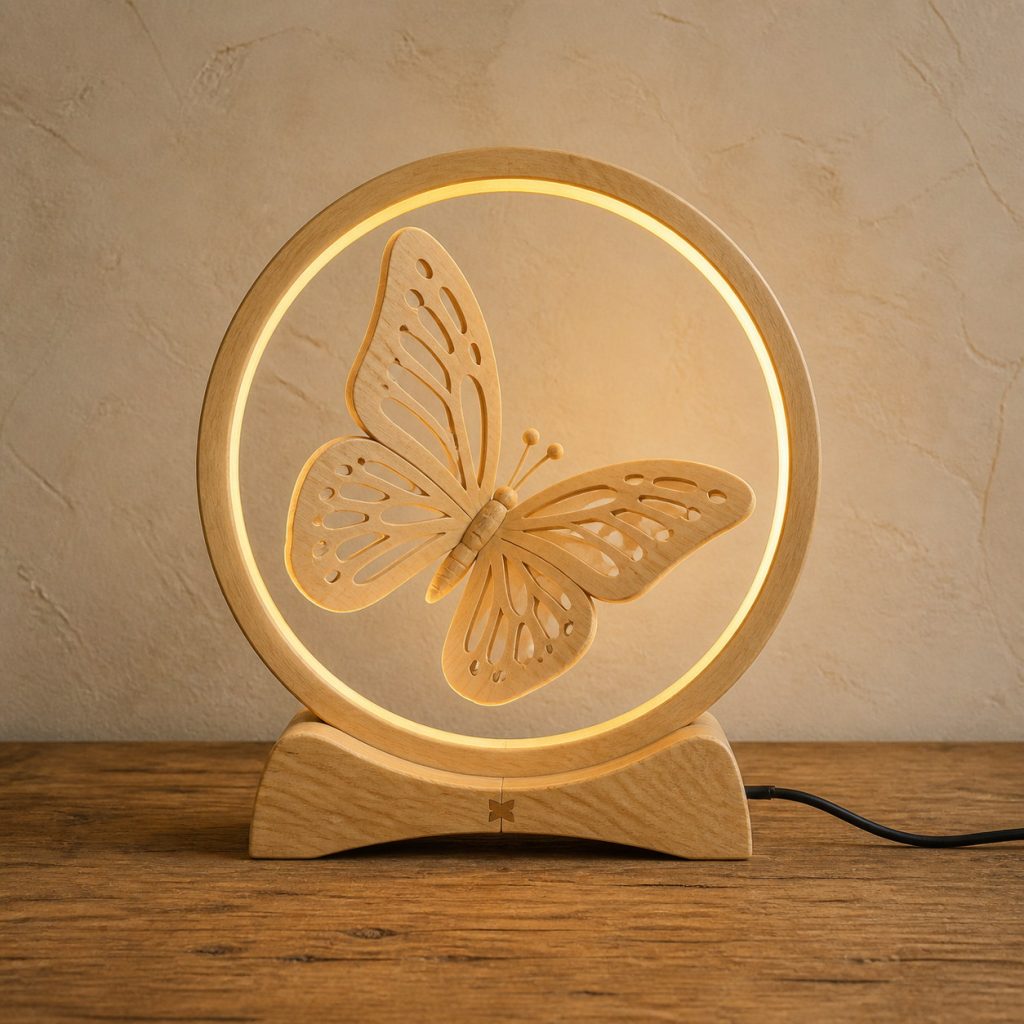 Butterfly-and-Sun Ring Lamp shown as an original square photorealistic light-yellow wood butterfly lamp made from natural light-yellow wood with fine grain and warm diffused light