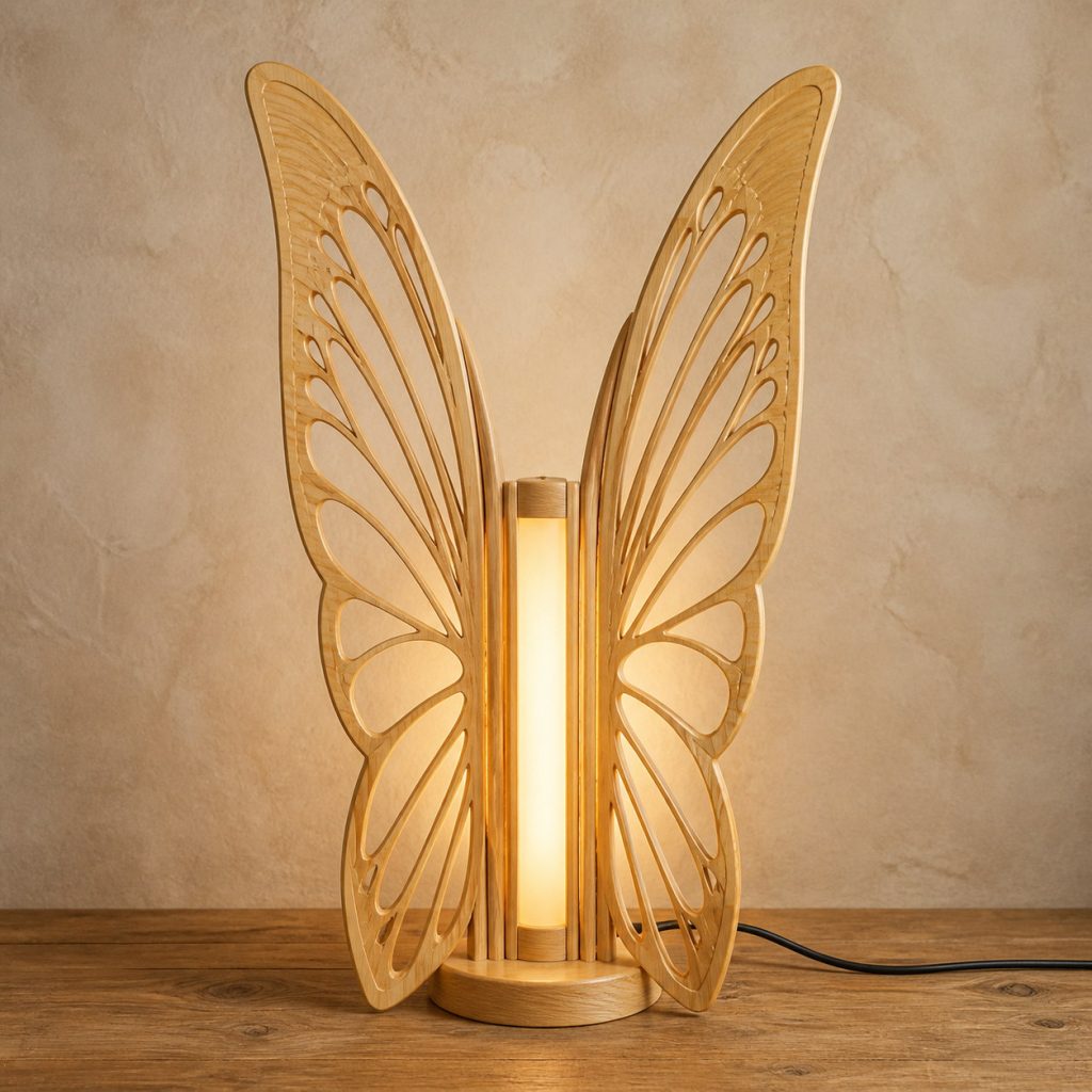Twin-Wing Butterfly Floor Lamp shown as an original square photorealistic light-yellow wood butterfly lamp made from natural light-yellow wood with fine grain and warm diffused light