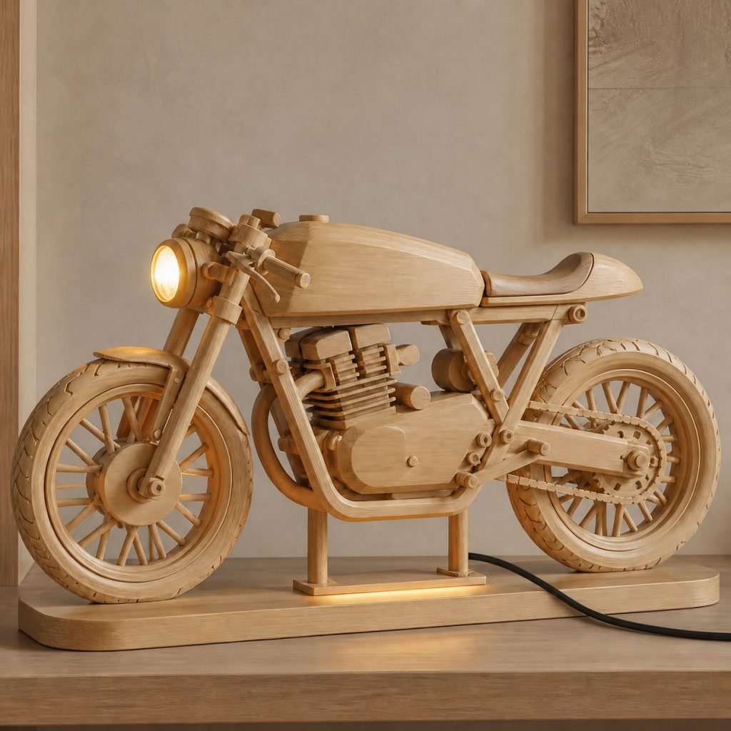 Faceted Cafe Racer Lamp shown as an original square photorealistic cafe racer motorcycle lamp made from natural light-yellow wood with fine grain and warm diffused light