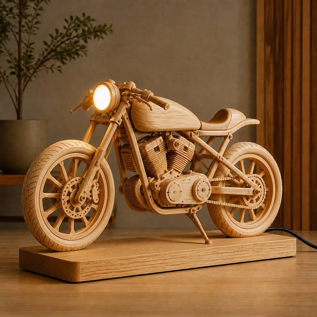 Cafe Racer Headlight Desk Task Lamp shown as an original square photorealistic cafe racer motorcycle lamp made from natural light-yellow wood with fine grain and warm diffused light