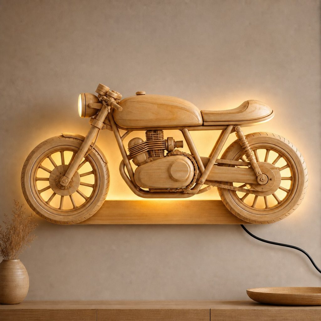 Racing Cafe Racer Wall Sconce shown as an original square photorealistic cafe racer motorcycle lamp made from natural light-yellow wood with fine grain and warm diffused light