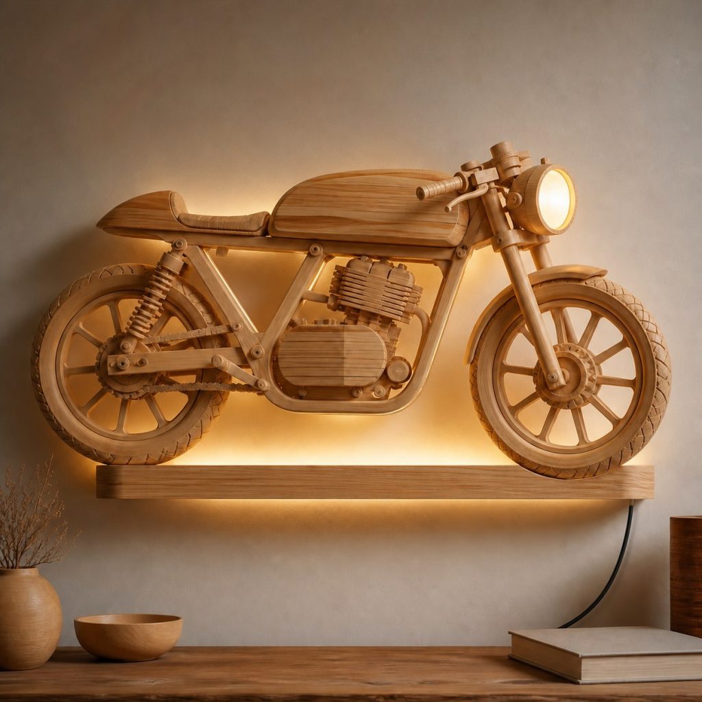 Layered Cafe Racer Wheel Wall Lamp shown as an original square photorealistic cafe racer motorcycle lamp made from natural light-yellow wood with fine grain and warm diffused light