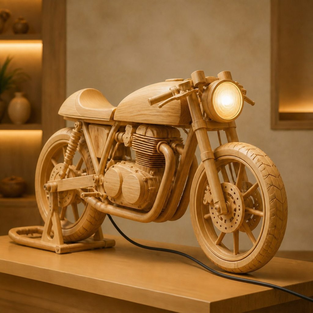 Cafe Racer Headlight Orb Lamp shown as an original square photorealistic cafe racer motorcycle lamp made from natural light-yellow wood with fine grain and warm diffused light