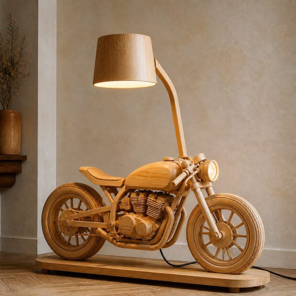 Stacked Cafe Racer Floor Lamp shown as an original square photorealistic cafe racer motorcycle lamp made from natural light-yellow wood with fine grain and warm diffused light