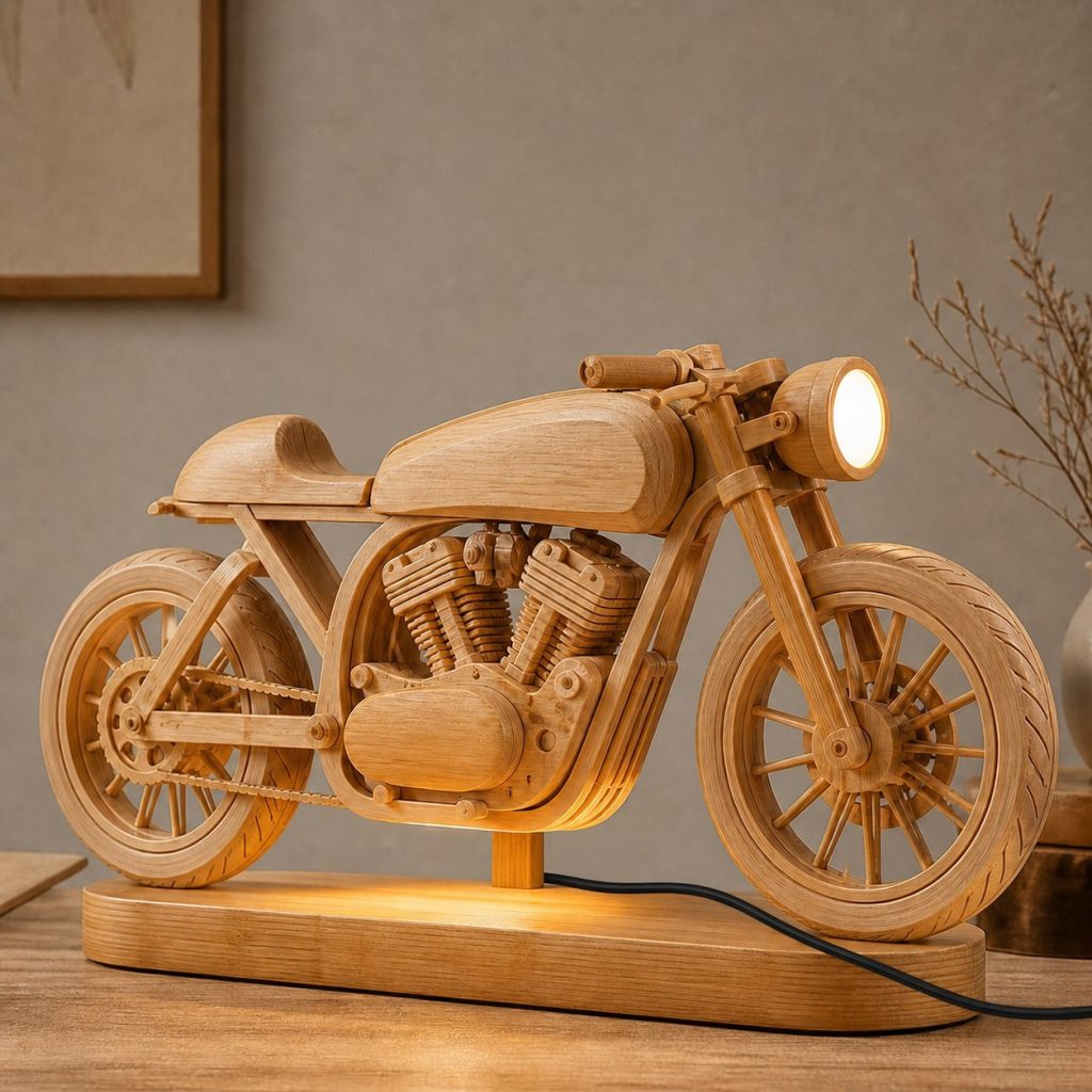 Workshop Cafe Racer Lantern shown as an original square photorealistic cafe racer motorcycle lamp made from natural light-yellow wood with fine grain and warm diffused light