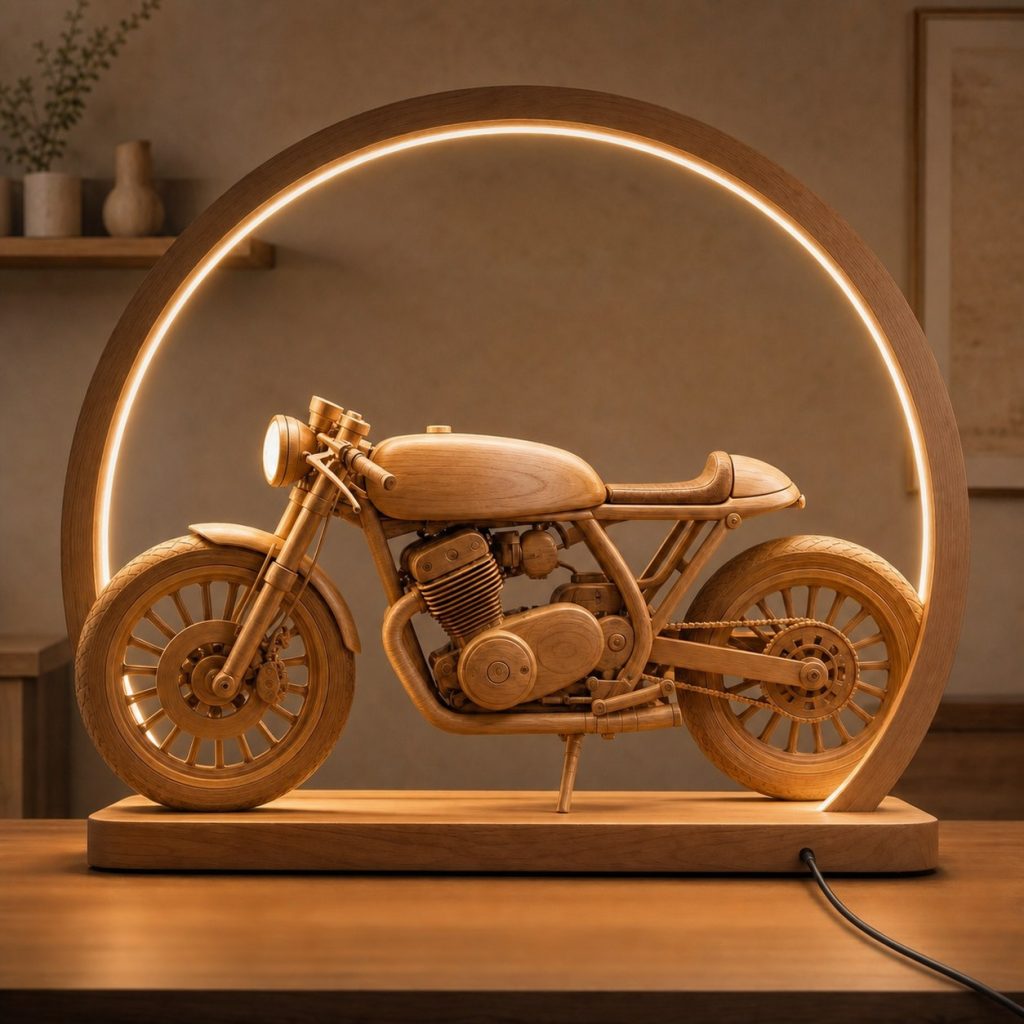 Cafe Racer Wheel-Ring Lamp shown as an original square photorealistic cafe racer motorcycle lamp made from natural light-yellow wood with fine grain and warm diffused light