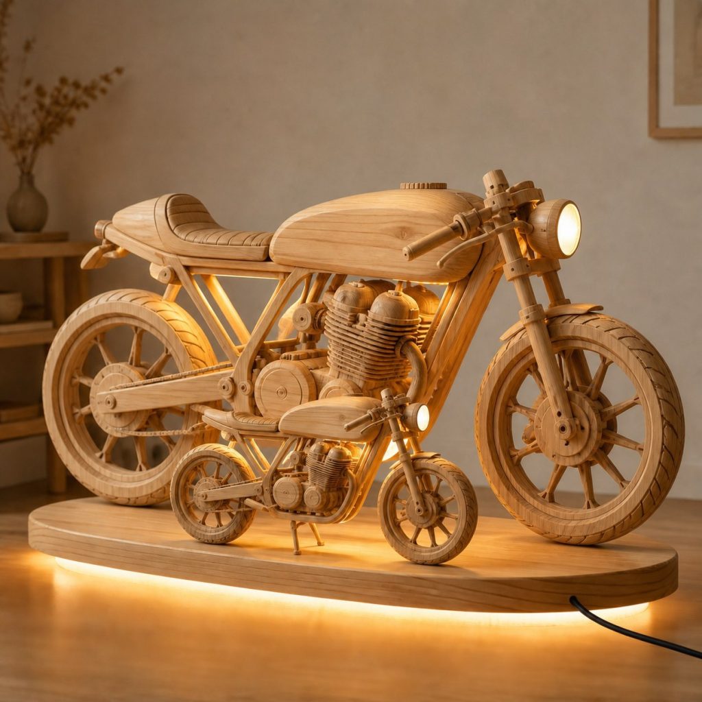 Paired Cafe Racer Floor Lamp shown as an original square photorealistic cafe racer motorcycle lamp made from natural light-yellow wood with fine grain and warm diffused light
