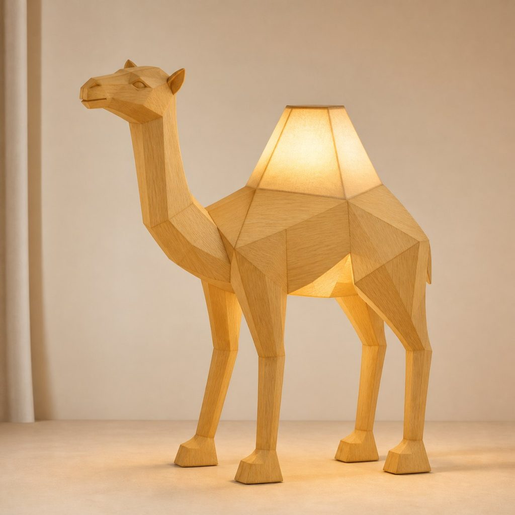 Faceted Camel Lamp shown as an original square photorealistic camel lamp made from natural light-yellow wood with fine grain and warm diffused light