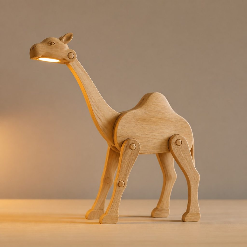 Camel-Hump Desk Task Lamp shown as an original square photorealistic camel lamp made from natural light-yellow wood with fine grain and warm diffused light