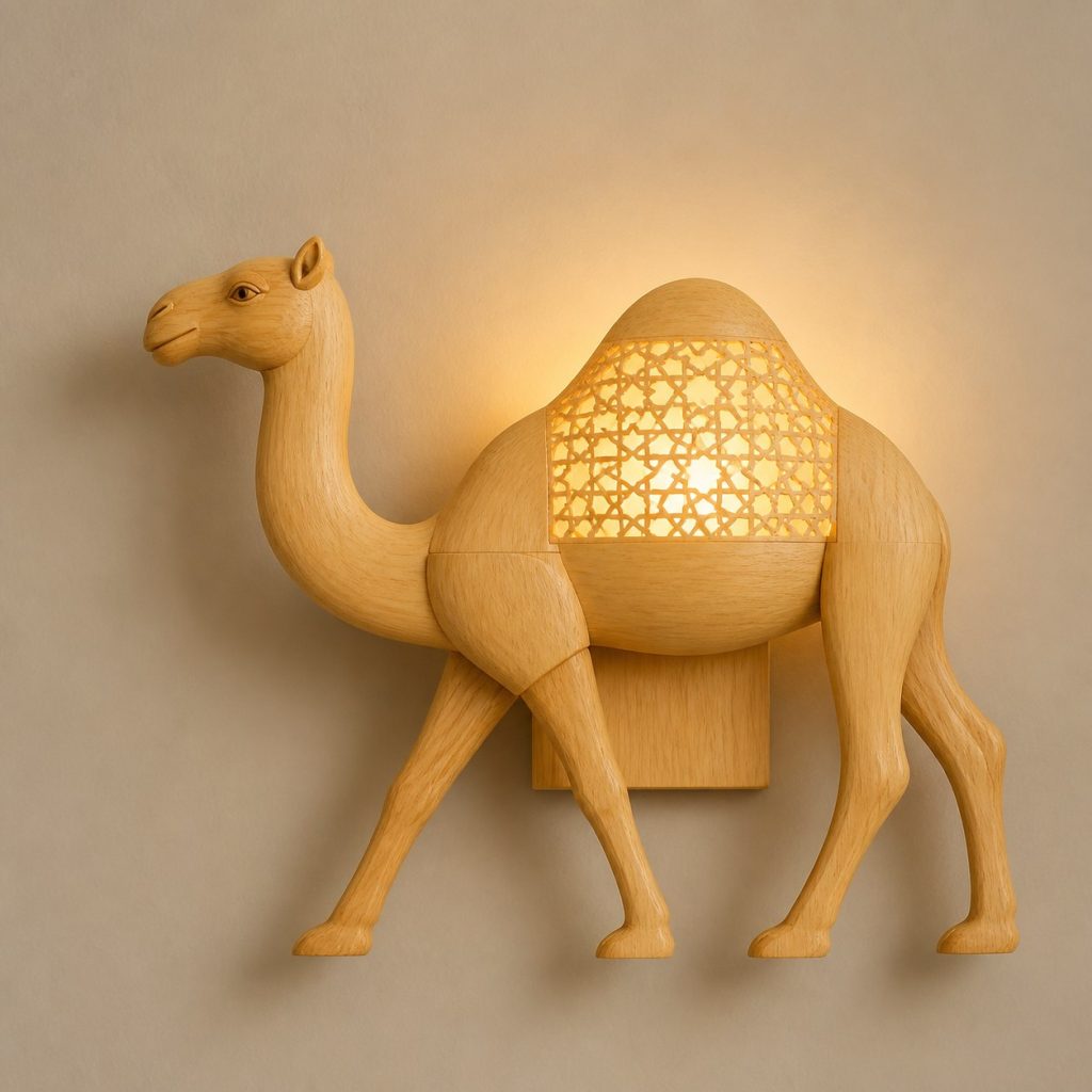 Walking Camel Wall Sconce shown as an original square photorealistic camel lamp made from natural light-yellow wood with fine grain and warm diffused light
