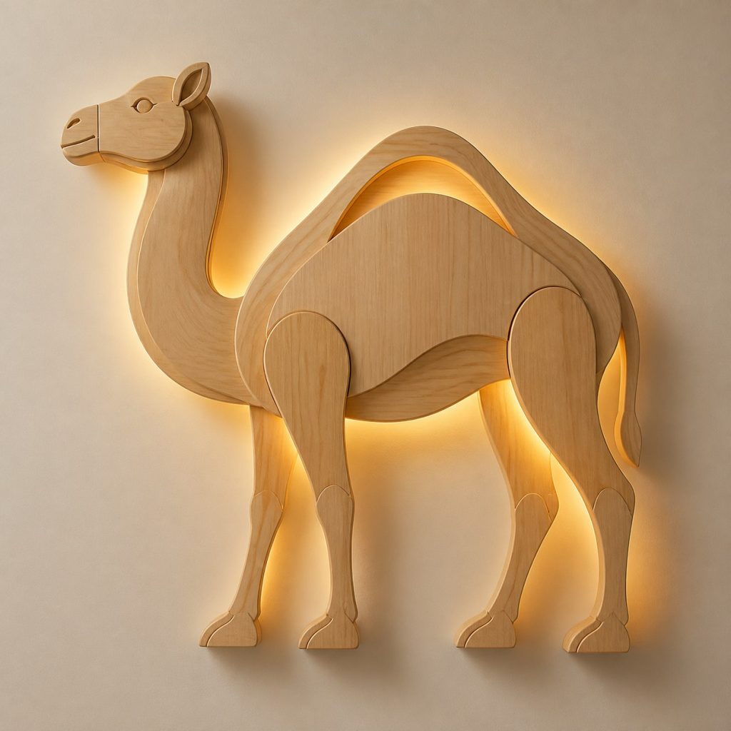 Layered Camel Head Wall Lamp shown as an original square photorealistic camel lamp made from natural light-yellow wood with fine grain and warm diffused light