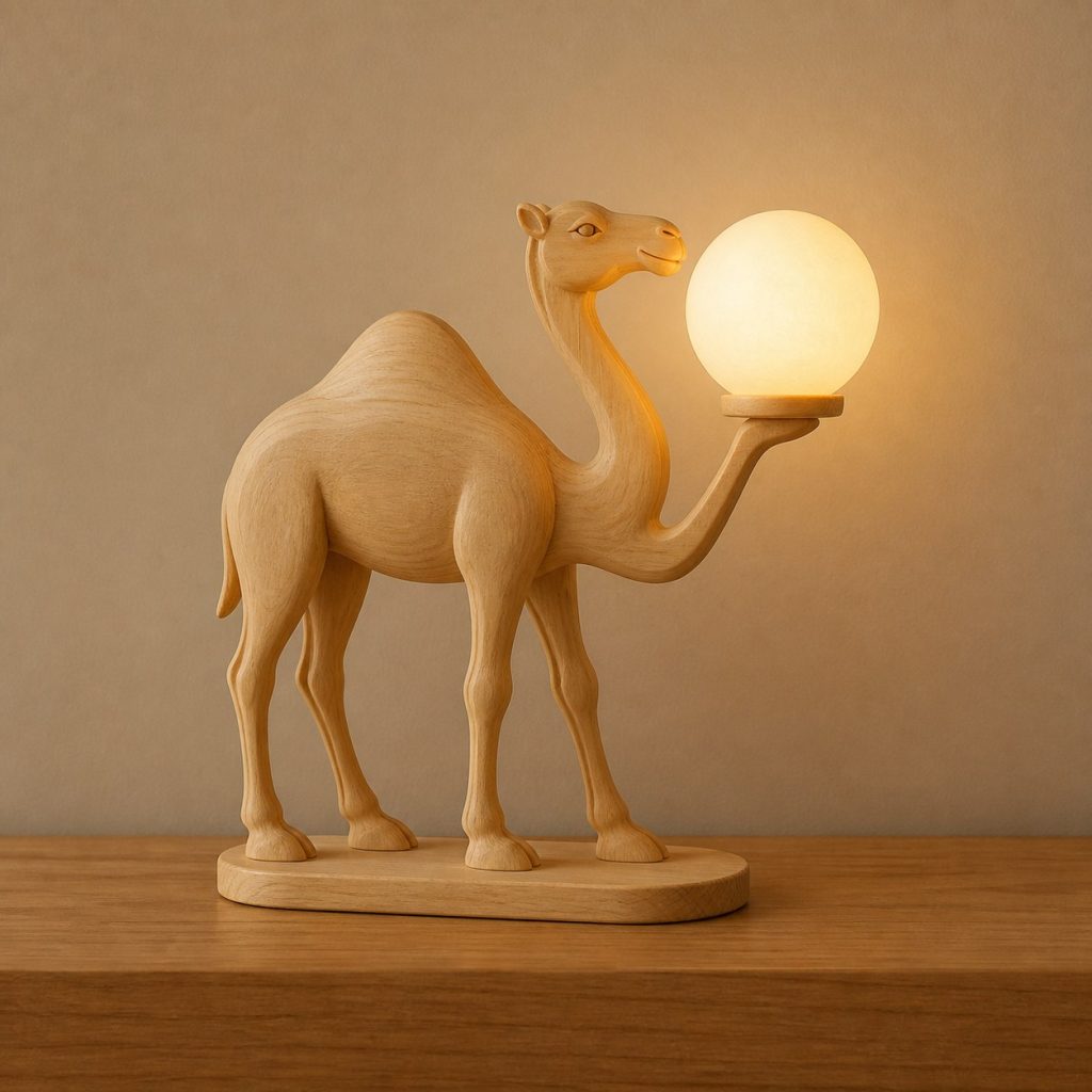 Camel Orb Lamp shown as an original square photorealistic camel lamp made from natural light-yellow wood with fine grain and warm diffused light