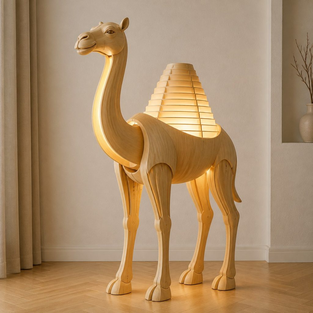 Stacked Camel Floor Lamp shown as an original square photorealistic camel lamp made from natural light-yellow wood with fine grain and warm diffused light