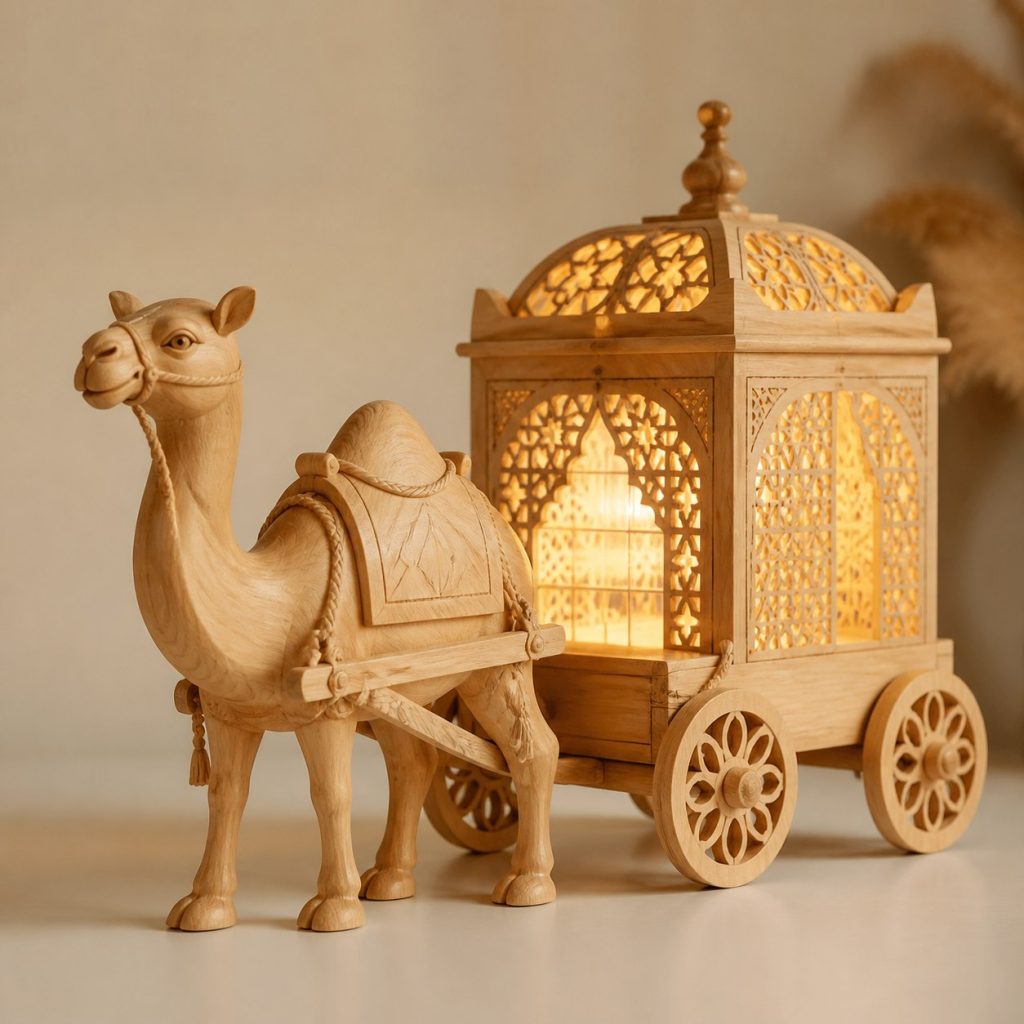 Desert Caravan Camel Lantern shown as an original square photorealistic camel lamp made from natural light-yellow wood with fine grain and warm diffused light