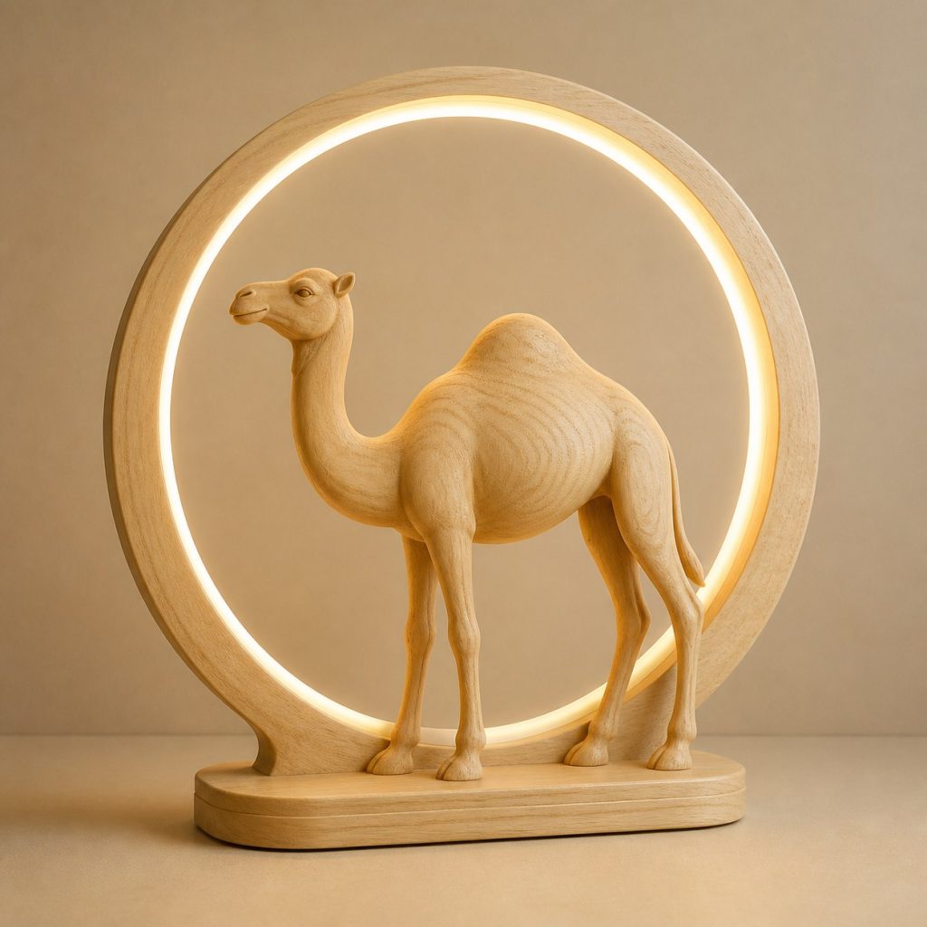 Camel Sun-Ring Lamp shown as an original square photorealistic camel lamp made from natural light-yellow wood with fine grain and warm diffused light