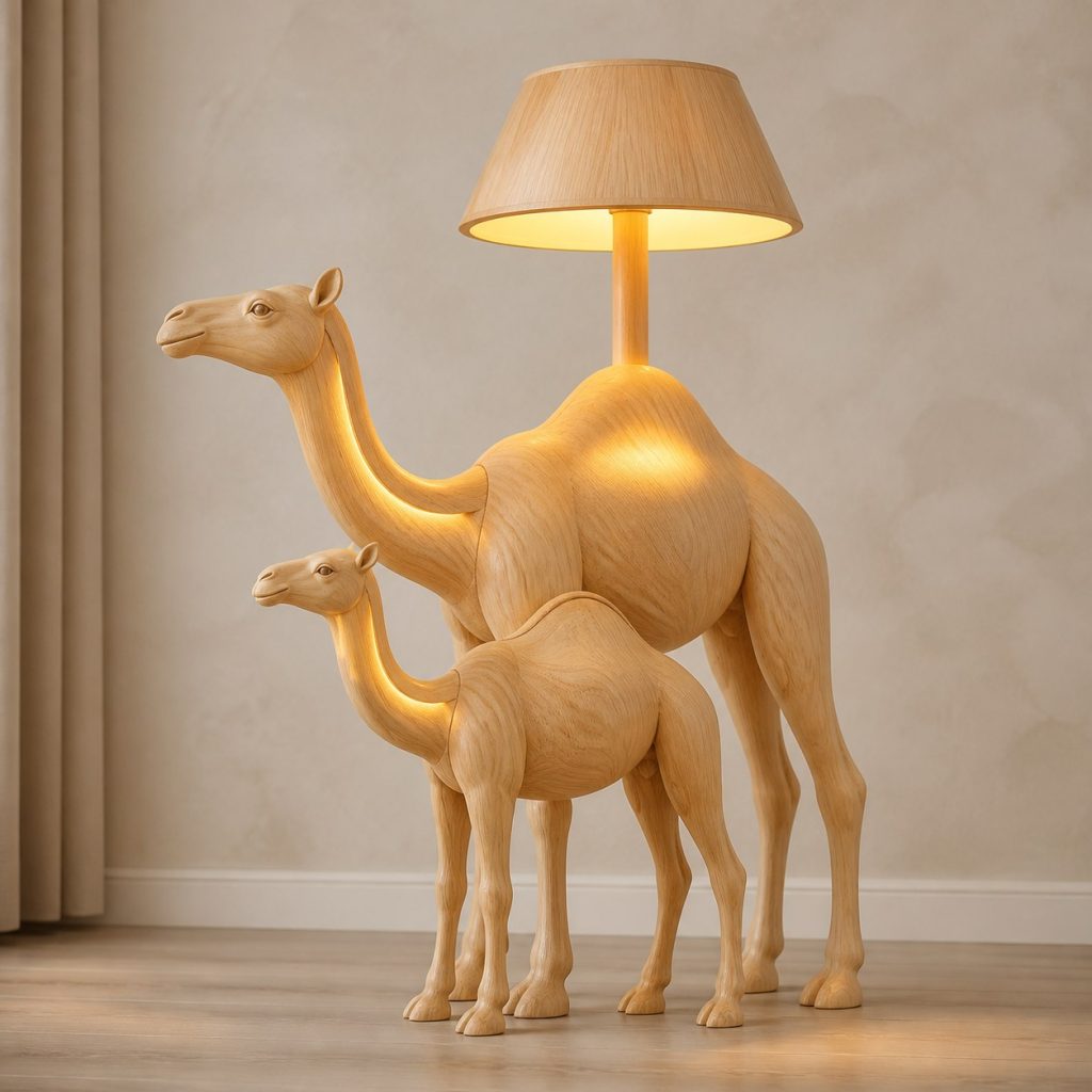 Paired Camel Floor Lamp shown as an original square photorealistic camel lamp made from natural light-yellow wood with fine grain and warm diffused light