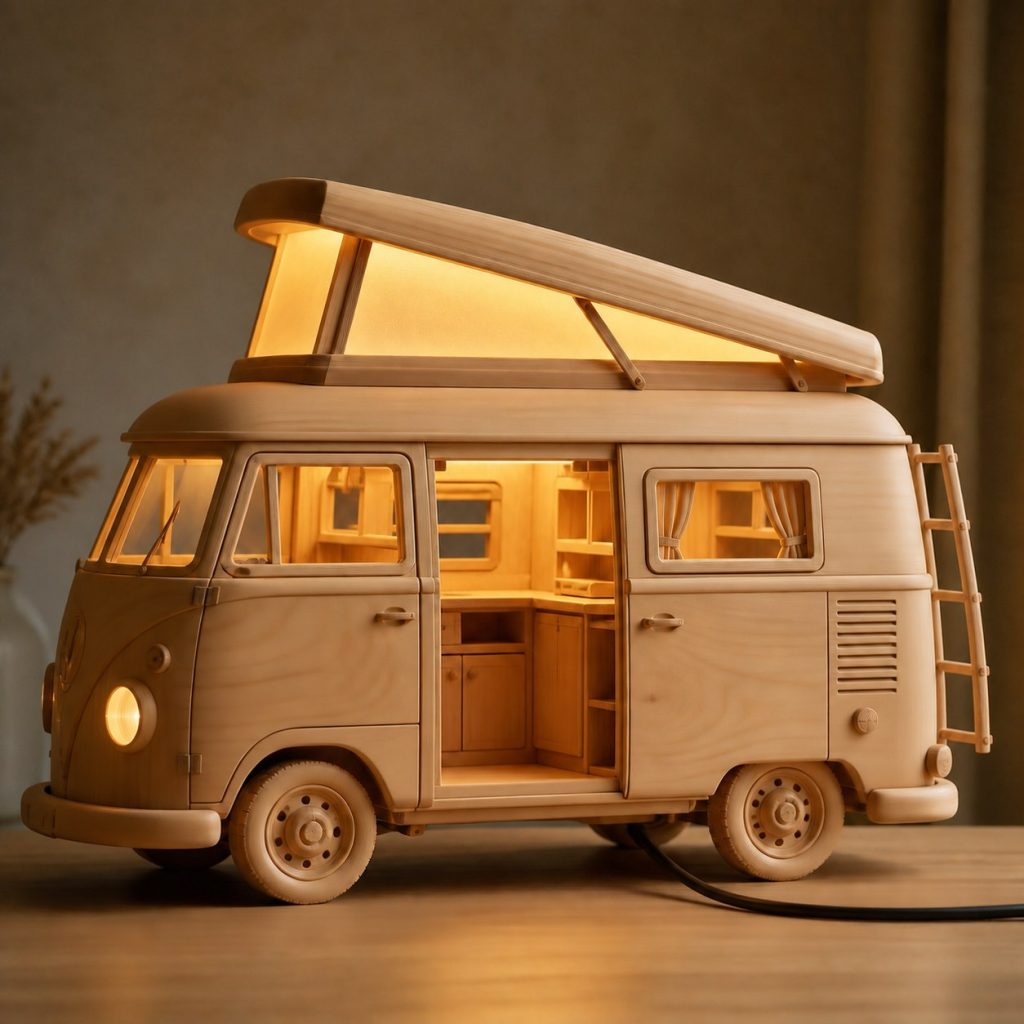 Camper Van Profile Lamp shown as an original square photorealistic camper van lamp made from natural light-yellow wood with fine grain and warm diffused light