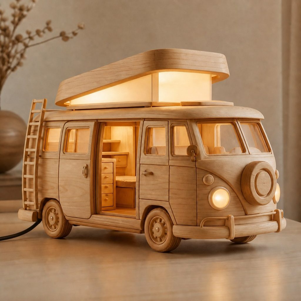 Faceted Camper Van Lamp shown as an original square photorealistic camper van lamp made from natural light-yellow wood with fine grain and warm diffused light