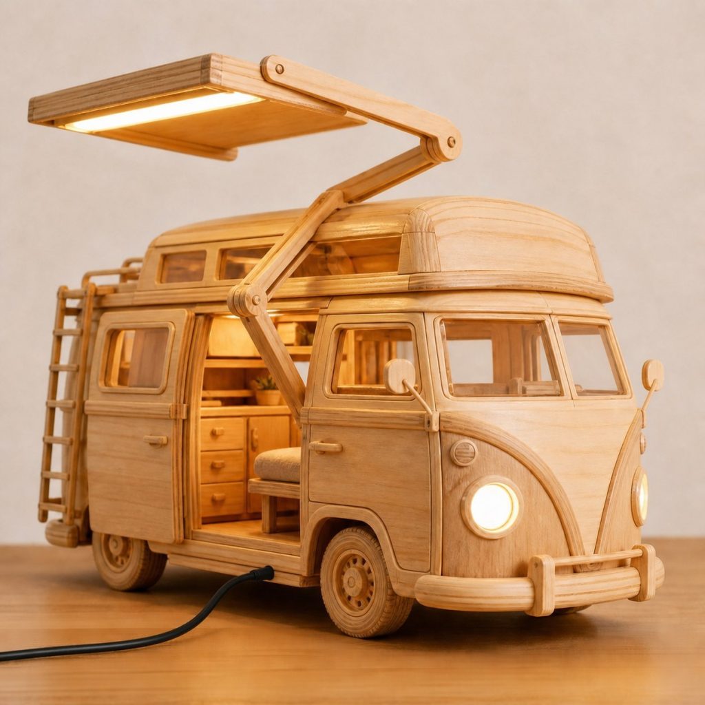 Camper Headlight Desk Task Lamp shown as an original square photorealistic camper van lamp made from natural light-yellow wood with fine grain and warm diffused light