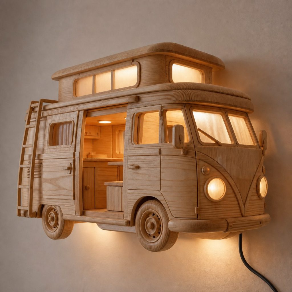 Traveling Camper Wall Sconce shown as an original square photorealistic camper van lamp made from natural light-yellow wood with fine grain and warm diffused light