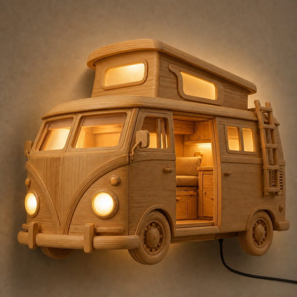 Layered Camper Face Wall Lamp shown as an original square photorealistic camper van lamp made from natural light-yellow wood with fine grain and warm diffused light