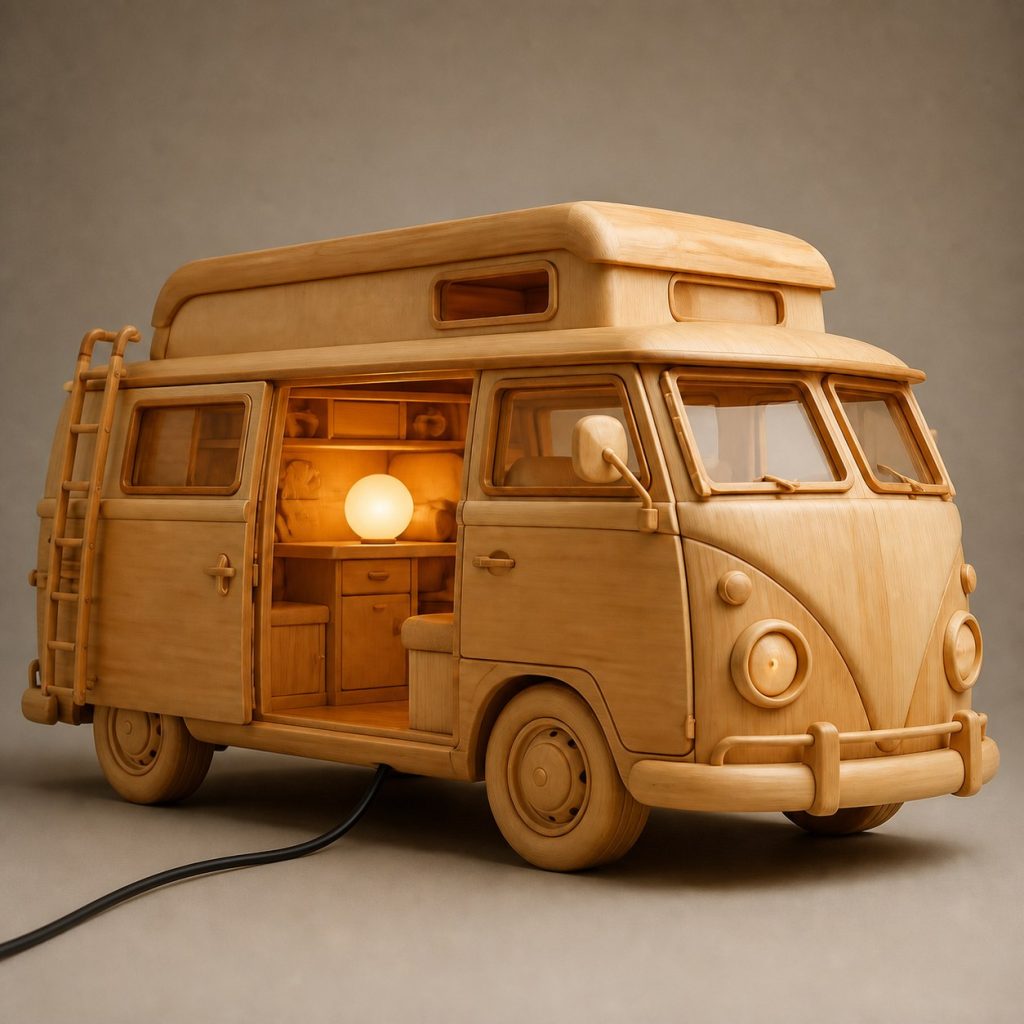 Camper Cabin Orb Lamp shown as an original square photorealistic camper van lamp made from natural light-yellow wood with fine grain and warm diffused light