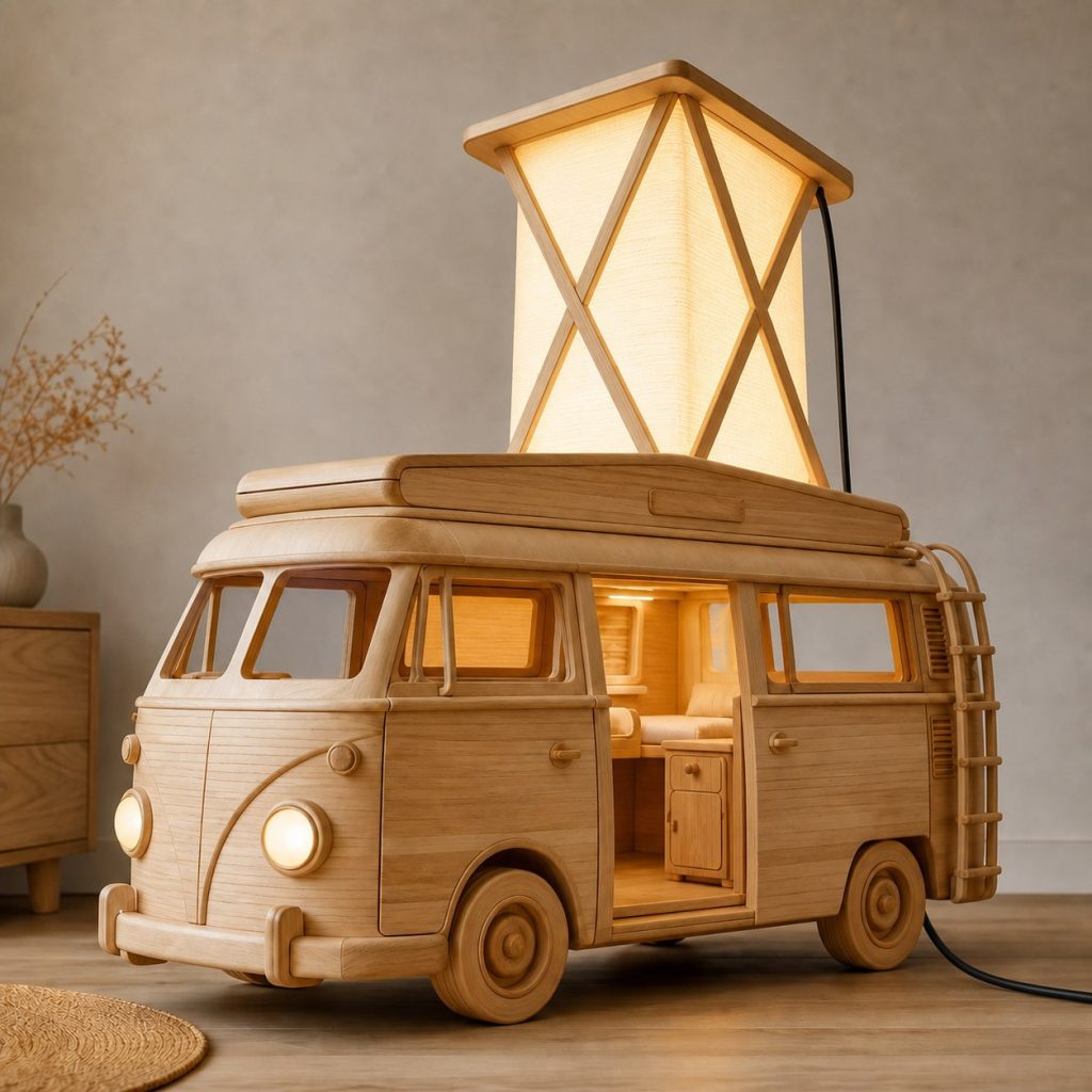 Stacked Camper Floor Lamp shown as an original square photorealistic camper van lamp made from natural light-yellow wood with fine grain and warm diffused light