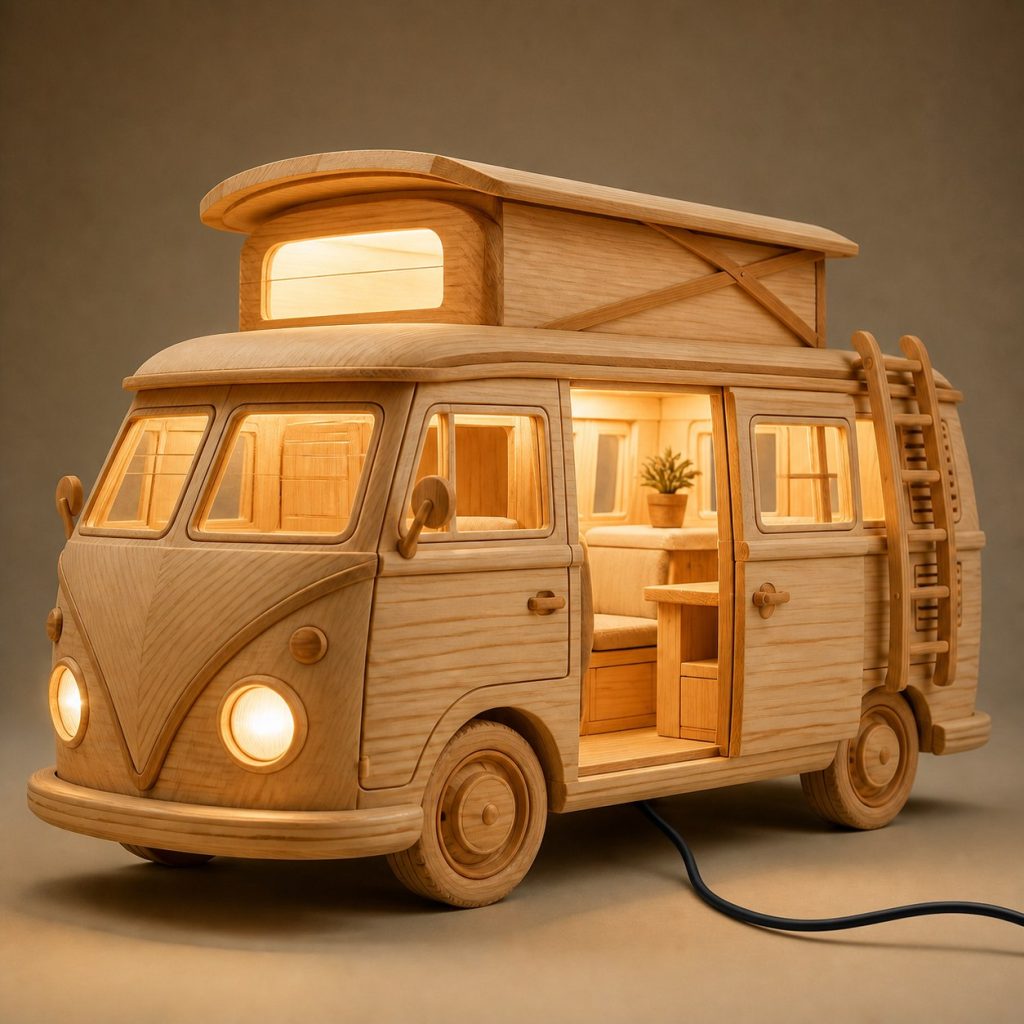 Campsite Camper Lantern shown as an original square photorealistic camper van lamp made from natural light-yellow wood with fine grain and warm diffused light