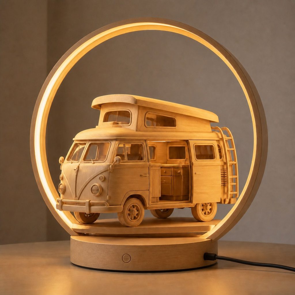 Camper Travel-Ring Lamp shown as an original square photorealistic camper van lamp made from natural light-yellow wood with fine grain and warm diffused light