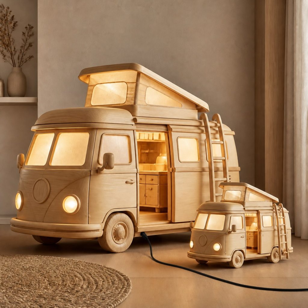 Paired Camper Van Floor Lamp shown as an original square photorealistic camper van lamp made from natural light-yellow wood with fine grain and warm diffused light