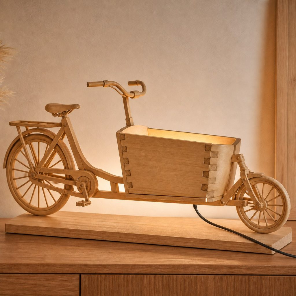Faceted Cargo Bicycle Lamp shown as an original square photorealistic cargo bicycle lamp made from natural light-yellow wood with fine grain and warm diffused light