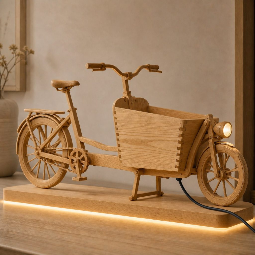 Cargo Bike Headlight Desk Task Lamp shown as an original square photorealistic cargo bicycle lamp made from natural light-yellow wood with fine grain and warm diffused light