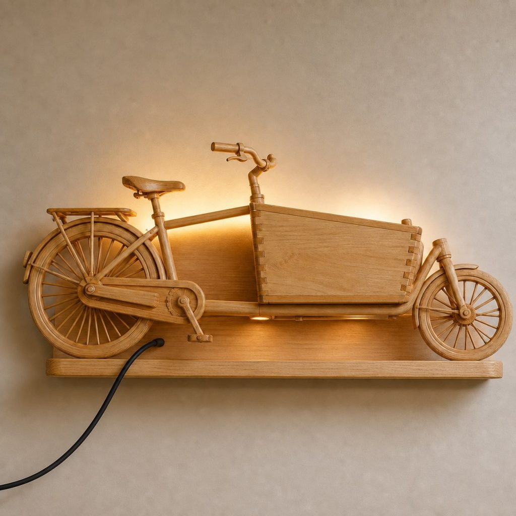 Moving Cargo Bicycle Wall Sconce shown as an original square photorealistic cargo bicycle lamp made from natural light-yellow wood with fine grain and warm diffused light