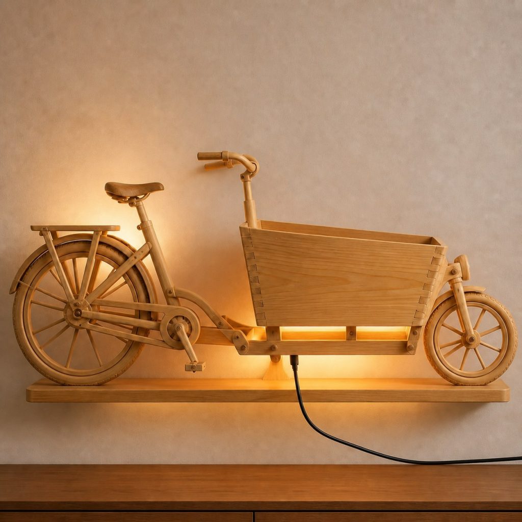 Layered Cargo Box Wall Lamp shown as an original square photorealistic cargo bicycle lamp made from natural light-yellow wood with fine grain and warm diffused light
