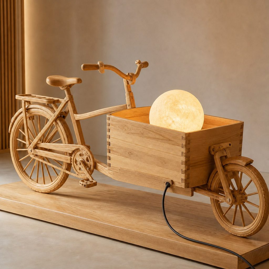 Cargo Bicycle Box Orb Lamp shown as an original square photorealistic cargo bicycle lamp made from natural light-yellow wood with fine grain and warm diffused light