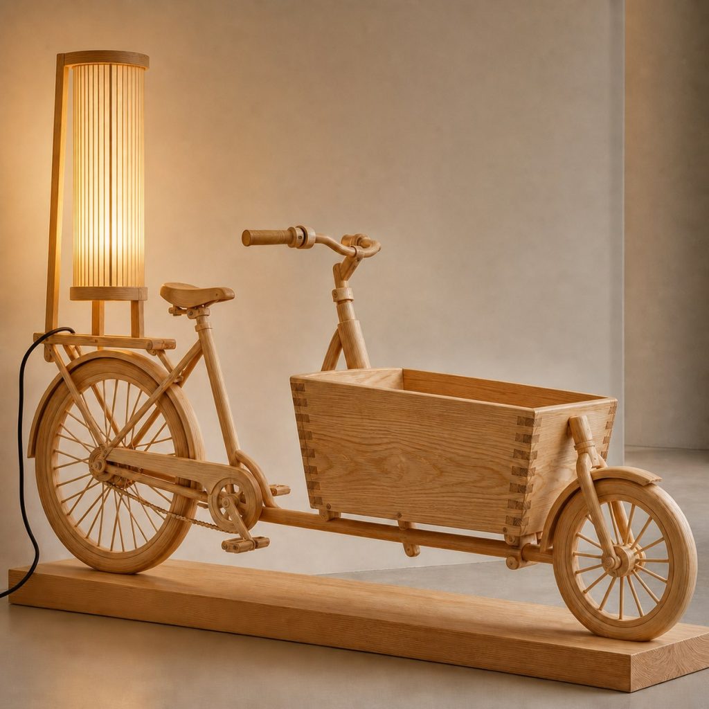 Stacked Cargo Bicycle Floor Lamp shown as an original square photorealistic cargo bicycle lamp made from natural light-yellow wood with fine grain and warm diffused light