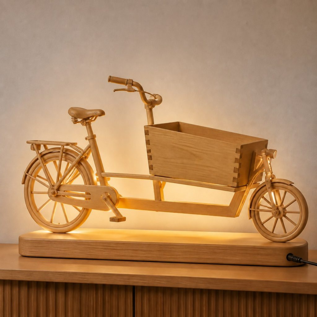 Market Cargo Bicycle Lantern shown as an original square photorealistic cargo bicycle lamp made from natural light-yellow wood with fine grain and warm diffused light