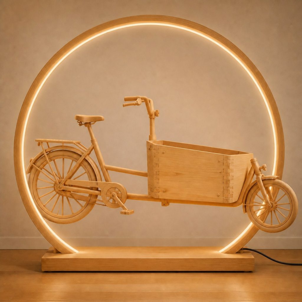 Cargo Bicycle Wheel-Ring Lamp shown as an original square photorealistic cargo bicycle lamp made from natural light-yellow wood with fine grain and warm diffused light
