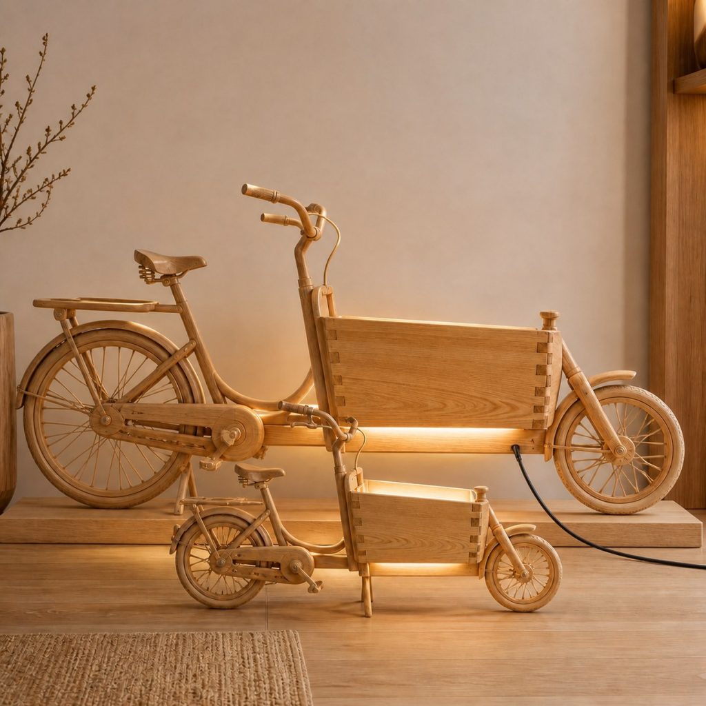 Paired Cargo Bicycle Floor Lamp shown as an original square photorealistic cargo bicycle lamp made from natural light-yellow wood with fine grain and warm diffused light