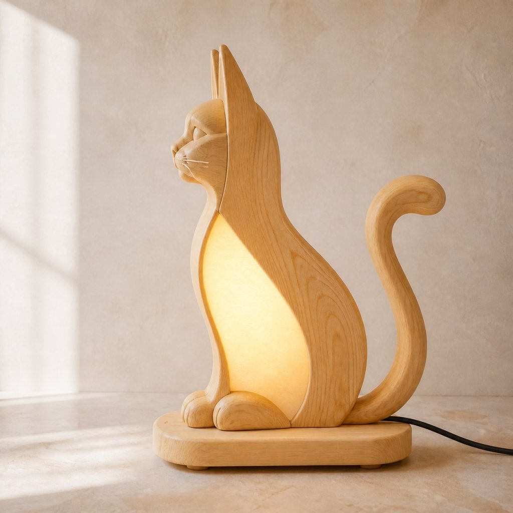 Cat Profile Lamp shown as an original square photorealistic cat lamp made from natural light-yellow wood with fine grain and warm diffused light