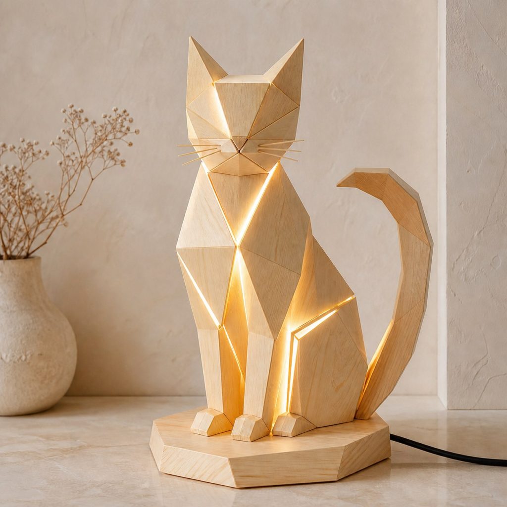 Faceted Cat Lamp shown as an original square photorealistic cat lamp made from natural light-yellow wood with fine grain and warm diffused light