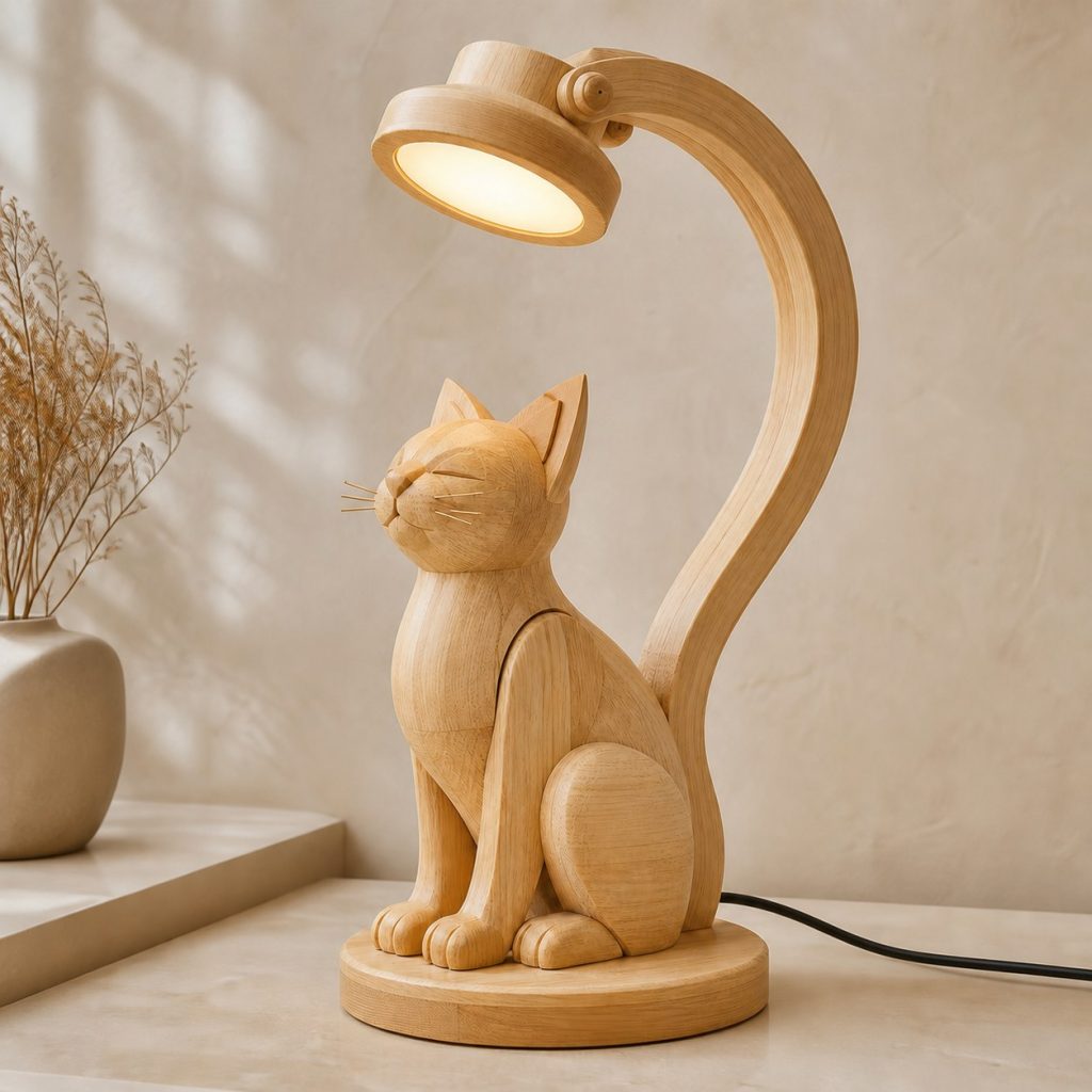 Cat-Tail Desk Task Lamp shown as an original square photorealistic cat lamp made from natural light-yellow wood with fine grain and warm diffused light